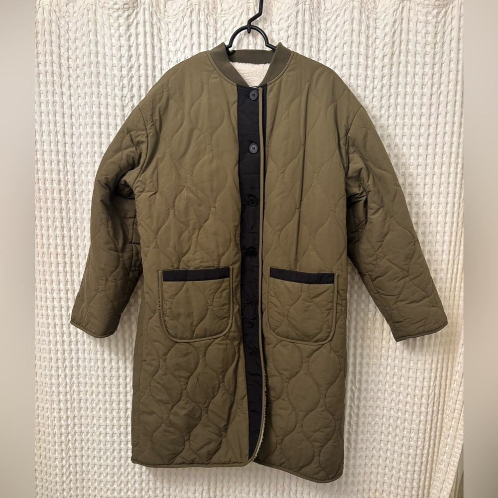 Olive Quilted liner Long Coat with Black Trim